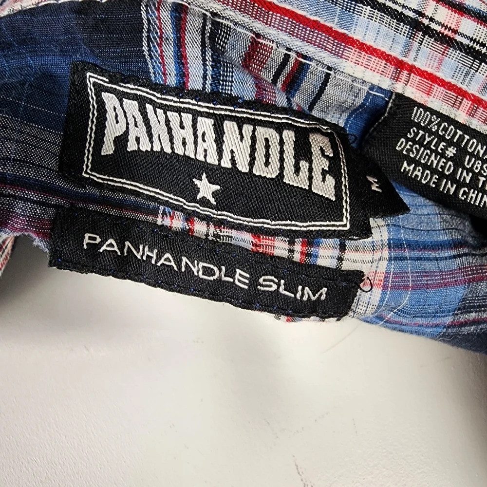 Panhandle Slim Plaid Pearl Snap Shirt  Embroidered Blue Red Size Medium - Picture 2 of 16